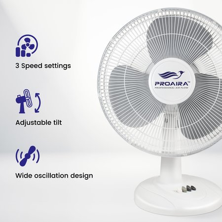 Proaira 16-inch Oscillating Table Fan w/Adjustable Tilt, 3 Speed Control, White DF16W